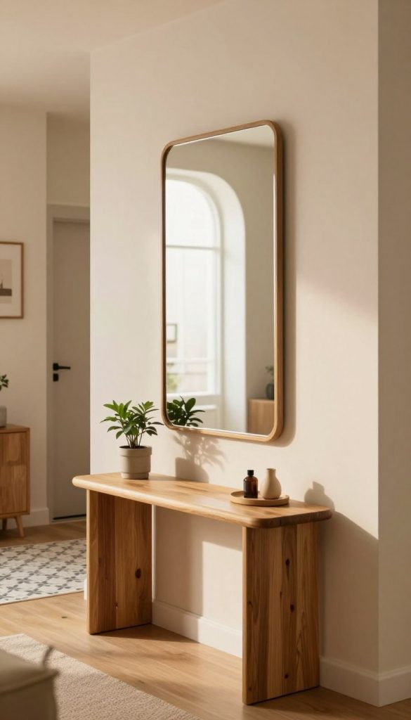 A beautifully arranged modern hallway featuring a stylish mirror as the focal point. In the foreground, a sleek console table with a soft, warm wooden texture is adorned with a small potted plant and decorative items, capturing a cozy and inviting atmosphere. The mirror reflects soft, natural light that floods the space, enhancing the warm color palette of cream and beige walls. The background includes a subtle entryway with patterned tiles and minimalist decor, evoking an authentic Pinterest aesthetic. The overall mood is inspiring and elegant, perfect for a DIY decor article. Include the brand name "KlickKiste" subtly in the design elements, emphasizing a sense of modernity and creativity.