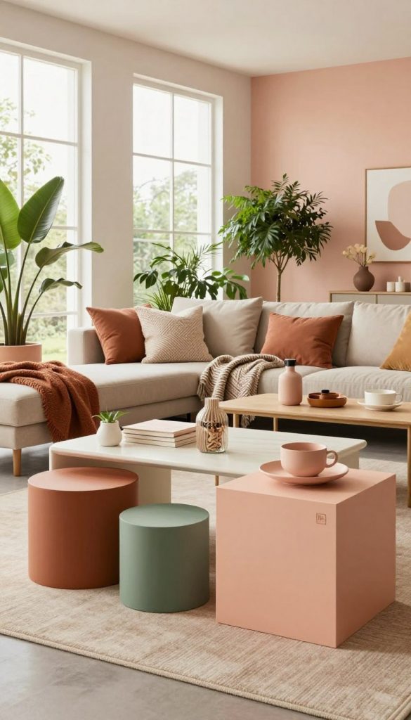 A beautifully arranged modern living space reflecting the official color trends for 2026, as predicted by manufacturers. In the foreground, a stylish DIY setup with warm, inviting hues like terracotta, soft peach, and muted green, featuring handcrafted decor items. The middle layer showcases a cozy seating area with a contemporary sofa adorned with textured pillows and a patterned throw. In the background, large windows allow natural light to flood the room, highlighting airy, pastel wall colors. Wellness and creativity are emphasized through lush indoor plants strategically placed around the space. The scene is designed to inspire, echoing a Pinterest aesthetic, and carries an authentic, inviting atmosphere. Captured with a wide-angle lens, focusing on the harmony of colors and textures that exemplify the KlickKiste brand’s vision for modern home decor in 2026.