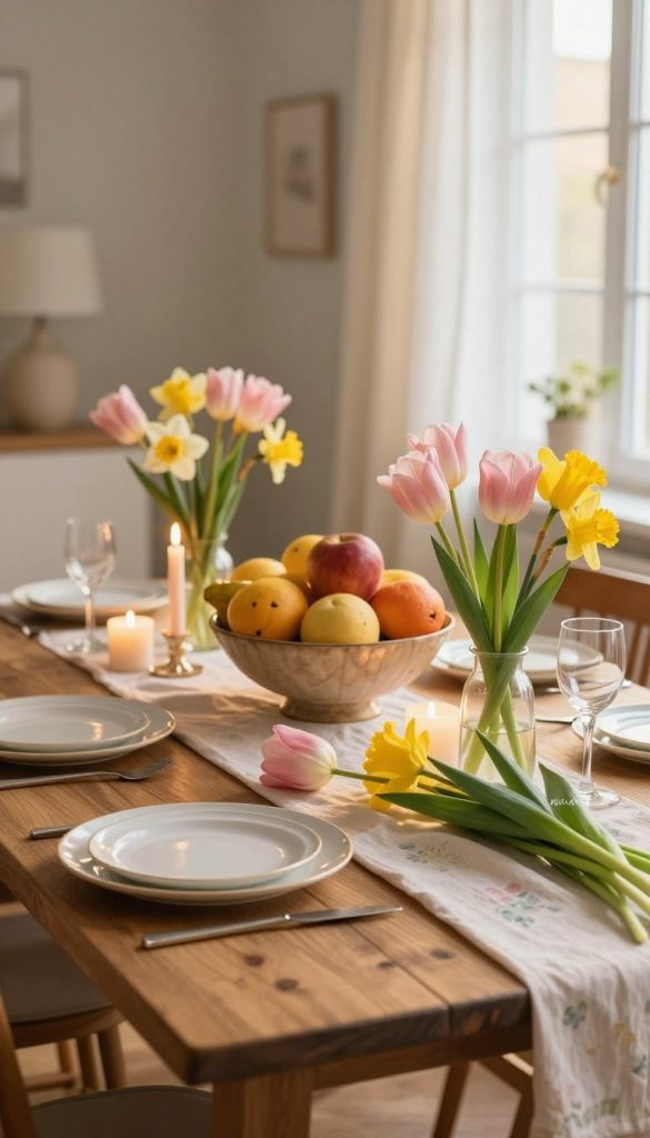 A beautifully arranged modern spring decoration for a dining room, emphasizing a warm and inviting atmosphere. In the foreground, a rustic wooden table adorned with a pastel-colored table runner and elegant ceramic plates, featuring fresh spring flowers like tulips and daffodils in soft hues of pink and yellow. The middle ground showcases a vibrant fruit bowl overflowing with seasonal fruits, alongside delicate candles creating a cozy glow. In the background, a softly lit window with sheer curtains allows natural light to filter in, enhancing the cheerful ambiance. The overall mood is fresh and nurturing, embodying a Pinterest-inspired DIY aesthetic from "KlickKiste." The lighting is warm and inviting, simulating a late afternoon sun, captured at eye level for an intimate perspective. A beautifully arranged modern spring decoration for a dining room, emphasizing a warm and inviting atmosphere. In the foreground, a rustic wooden table adorned with a pastel-colored table runner and elegant ceramic plates, featuring fresh spring flowers like tulips and daffodils in soft hues of pink and yellow. The middle ground showcases a vibrant fruit bowl overflowing with seasonal fruits, alongside delicate candles creating a cozy glow. In the background, a softly lit window with sheer curtains allows natural light to filter in, enhancing the cheerful ambiance. The overall mood is fresh and nurturing, embodying a Pinterest-inspired DIY aesthetic from "KlickKiste." The lighting is warm and inviting, simulating a late afternoon sun, captured at eye level for an intimate perspective.
