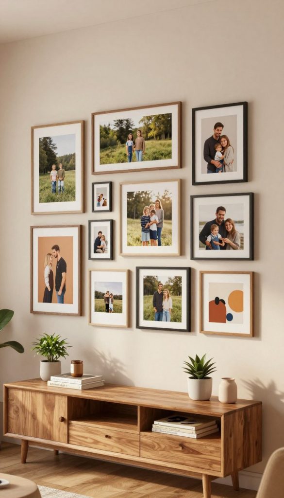A beautifully arranged moderne fotowand in a cozy living room setting, featuring an inspiring collage of various framed photographs that showcase nature, family moments, and abstract art. The foreground presents a wooden console table with a few decorative plants and books. In the middle, the vibrant photo wall, crafted in warm colors, displays a harmonious mixture of large and small frames, evoking a sense of creativity and personalization. The background reveals soft, diffused lighting that bathes the room in a welcoming glow, enhancing the warmth of the space. A subtle bokeh effect emphasizes the details of the fotowand, creating an inviting and authentic atmosphere. The design is distinctly reminiscent of popular DIY trends on Pinterest, with branding elements of "KlickKiste" subtly integrated into the decor.