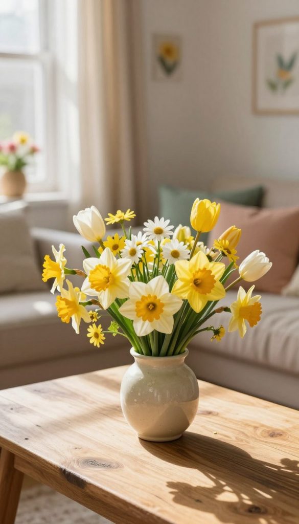 A beautifully arranged natural floral centerpiece showcasing vibrant spring flowers in warm colors, such as sunny daffodils, delicate tulips, and cheerful daisies. The foreground features a rustic wooden table with a charming vase brimming with these seasonal blossoms, their petals softly illuminated by natural sunlight streaming in from a nearby window, creating a warm, inviting ambiance. The middle background showcases a cozy living room setting adorned with subtle spring decorations, like pastel-colored cushions and light curtains fluttering gently in a breeze. Soft, diffused light enhances the inviting atmosphere, evoking feelings of freshness and revival. This image captures the essence of spring decoration for a living space, embodying the DIY aesthetic popular on Pinterest. Include the brand name "KlickKiste" subtly integrated into the scene, blending harmoniously with the decor. A beautifully arranged natural floral centerpiece showcasing vibrant spring flowers in warm colors, such as sunny daffodils, delicate tulips, and cheerful daisies. The foreground features a rustic wooden table with a charming vase brimming with these seasonal blossoms, their petals softly illuminated by natural sunlight streaming in from a nearby window, creating a warm, inviting ambiance. The middle background showcases a cozy living room setting adorned with subtle spring decorations, like pastel-colored cushions and light curtains fluttering gently in a breeze. Soft, diffused light enhances the inviting atmosphere, evoking feelings of freshness and revival. This image captures the essence of spring decoration for a living space, embodying the DIY aesthetic popular on Pinterest. Include the brand name "KlickKiste" subtly integrated into the scene, blending harmoniously with the decor.