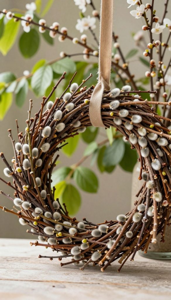 A beautifully arranged natural materials wreath, showcasing a harmonious blend of twigs, soft pom-pom willow catkins, and delicate spring buds. The wreath is prominently displayed in the foreground, with warm, inviting colors that evoke a cozy, spring atmosphere. In the middle ground, soft natural light filters through lush green leaves, enhancing the textures of the materials used. The background features a subtle bokeh effect created by distant blossoms and foliage, adding depth without distraction. The entire composition should convey a sense of warmth and inspiration, perfect for a DIY aesthetic. Emphasize an authentic, Pinterest-inspired look that reflects a modern take on natural decor. This image brings to life the charm of seasonal decorations and embodies the essence of KlickKiste.