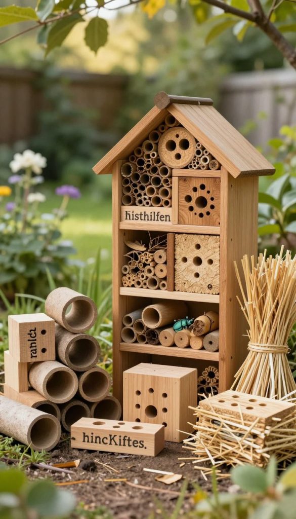 A beautifully arranged natural setting featuring various types of “nisthilfen” (nesting aids) artfully placed within an inviting DIY insect hotel made from eco-friendly materials. In the foreground, diverse nesting tubes, wooden blocks with drilled holes, and straw bundles are vividly displayed, reflecting their utility for different insect species. The middle ground showcases the insect hotel itself, intricately constructed, with warm wooden textures and a charming, rustic design. In the background, a lush garden softly blurred by a shallow depth of field, with gentle sunlight filtering through leaves, creates a serene atmosphere. The overall mood is warm and inviting, emphasizing sustainability and biodiversity. This image embodies inspiration and authenticity, reminiscent of a Pinterest aesthetic, perfectly branded for "KlickKiste."