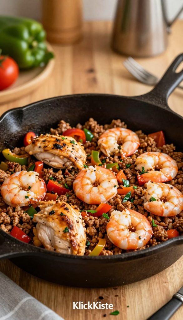 A beautifully arranged one-pan dish featuring a vibrant mix of chicken, minced meat, and shrimp, artistically presented in a rustic cast iron skillet. In the foreground, succulent chicken pieces are sizzling alongside golden-brown minced meat, dotted with colorful bell peppers and fresh herbs. Juicy, pink shrimp glisten, adding a seafood touch. The middle ground shows the skillet set atop a wooden table, evoking a cozy family kitchen atmosphere. In the background, soft, warm lighting bathes the scene, enhancing the inviting feel, with blurred kitchen utensils and fresh vegetables hinting at a DIY cooking aesthetic. The overall tone is warm and inviting, reminiscent of Pinterest-inspired home cooking, with the brand name "KlickKiste" subtly incorporated into the composition.