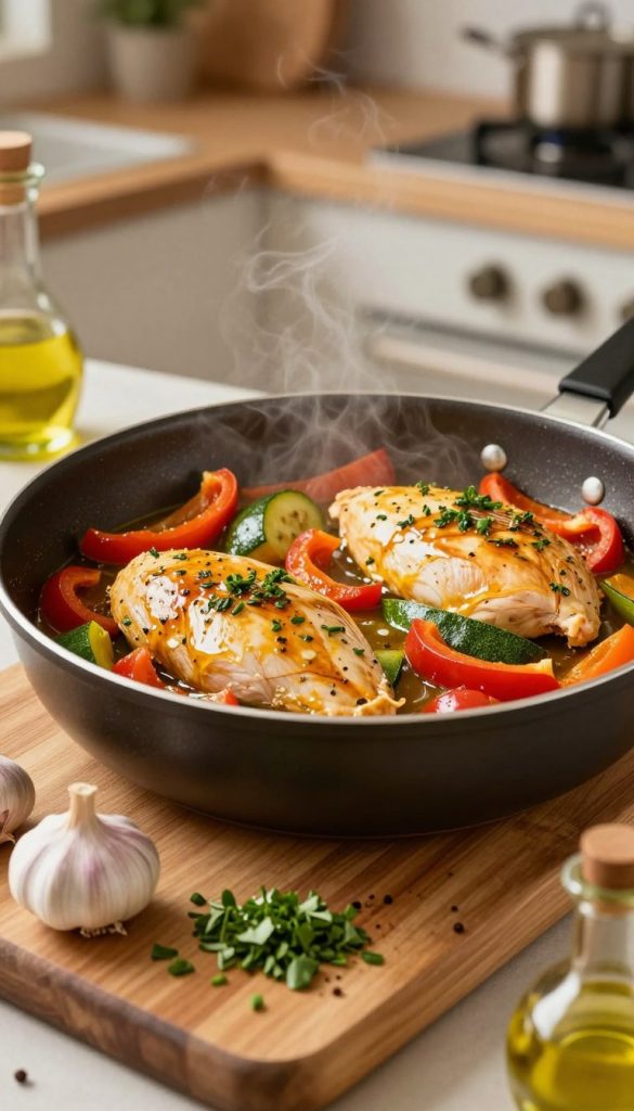 A beautifully arranged one-pan meal, showcasing healthy and quick ingredients like vibrant bell peppers, zucchini, and lean chicken breast, simmering in a glossy, herb-infused sauce. In the foreground, a wooden cutting board displays fresh garlic, chopped herbs, and spices with a touch of olive oil, emphasizing the prep work behind the meal. In the middle, the pan exudes warmth, steam gently rising, with an inviting, golden hue illuminating the dish. The background features a softly blurred kitchen environment, reflecting a cozy, domestic atmosphere, with warm colors that evoke a Pinterest-worthy visual. The overall mood is inspirational and inviting, ideal for family cooking. The brand "KlickKiste" subtly integrated into the scene, representing a focus on practical and flavorful cooking.