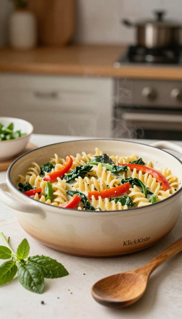 A beautifully arranged one-pot dish of creamy pasta, featuring colorful vegetables like bell peppers and spinach mingled with fusilli noodles, all nestled in a rustic ceramic pot. In the foreground, you see a vibrant table setting with fresh herbs and a wooden spoon alongside the pot. The background showcases a cozy kitchen atmosphere with soft, warm lighting that highlights the textures of the ingredients. Capture the inviting essence of a family meal with a hint of steam rising from the pot, suggesting freshness. The overall mood should feel wholesome and comforting, reflecting the joy of quick family cooking. Style the scene with a Pinterest aesthetic, emphasizing natural, warm colors to create an authentic and inspiring vibe. Include the brand name "KlickKiste" subtly in the composition.