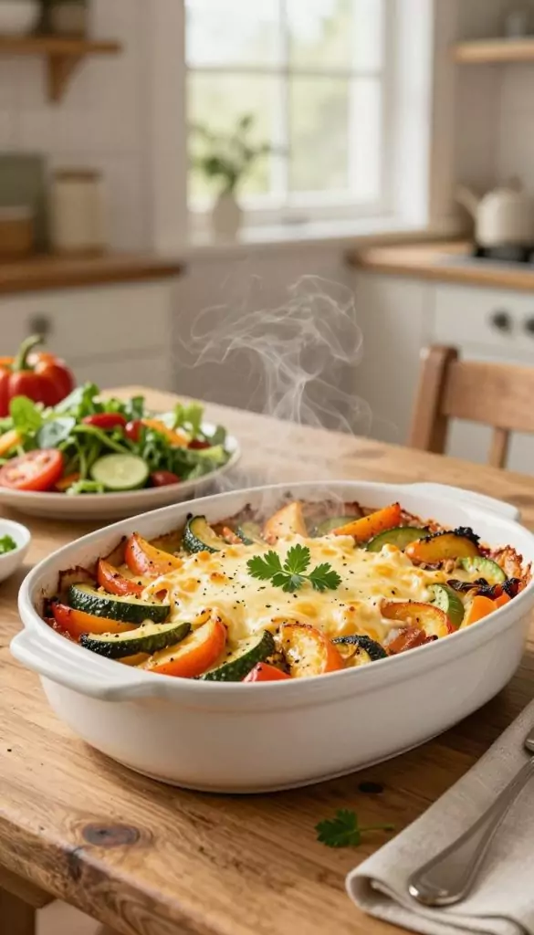 A beautifully arranged one pot dish, showcasing an appetizing Auflauf, filled with vibrant vegetables and golden cheese, steaming gently. The foreground captures the dish in an elegant ceramic baking dish, garnished with fresh herbs. The middle ground includes a rustic wooden table adorned with colorful spring vegetables and a fresh salad, hinting at a wholesome family meal. The background features a softly blurred kitchen, filled with natural light streaming in through a window, enhancing the warm and inviting atmosphere. The color palette leans towards soft, warm tones, embodying a cozy, DIY aesthetic, reminiscent of a Pinterest-inspired home kitchen. Emphasize the brand "KlickKiste" subtly integrated into the scene without any text overlays. The mood should feel authentic and inspiring, perfect for stress-free family evenings.