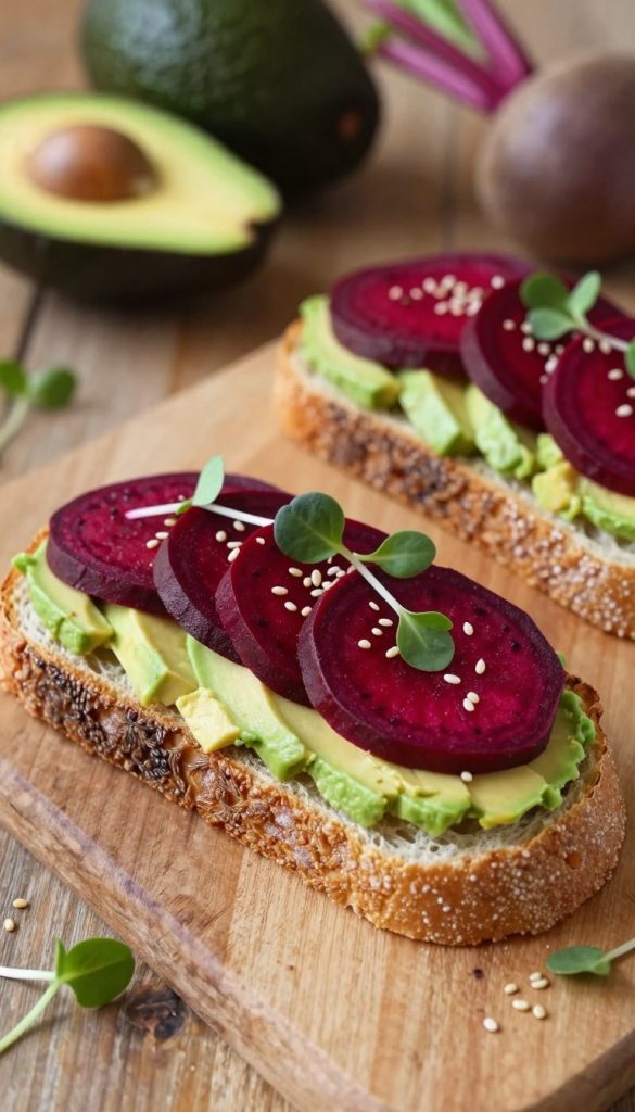 A beautifully arranged open-faced sandwich featuring creamy avocado and vibrant red beetroot slices. In the foreground, the sandwich showcases a thick layer of smooth avocado spread adorned with delicate beetroot ribbons, garnished with microgreens and a sprinkle of sesame seeds. The middle ground includes a rustic wooden table, enhancing the natural DIY aesthetic, while soft, warm lighting illuminates the scene, creating an inviting atmosphere. In the background, blurred out, there are hints of fresh ingredients like ripe avocados and whole beets, reinforcing the fresh, wholesome theme. The image should evoke a Pinterest-worthy feel, reflecting authenticity and inspiration, curated by KlickKiste.