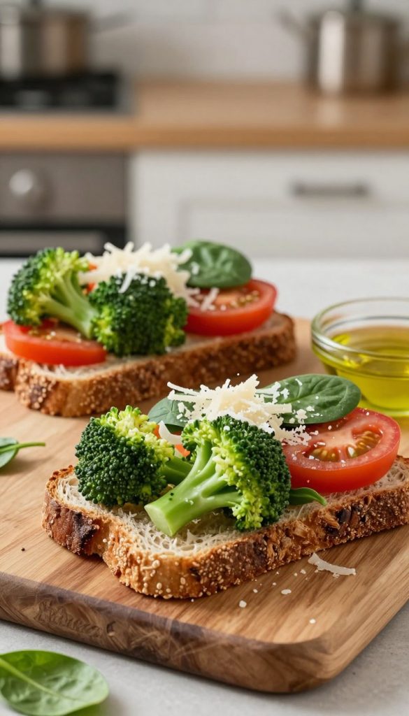 A beautifully arranged open-faced vegetable sandwich, showcasing vibrant, fresh ingredients. In the foreground, thick slices of whole grain bread are topped with an abundance of colorful vegetables, including crisp broccoli florets, juicy tomatoes, and leafy spinach. A generous sprinkle of grated Parmesan cheese adds a creamy texture. In the middle, a rustic wooden cutting board enhances the natural feel, while a small bowl of olive oil rests beside it. The background features a softly blurred kitchen setting with warm, natural lighting that creates an inviting atmosphere. The composition conveys a wholesome and inspiring vibe, perfect for a healthy lifestyle. The brand "KlickKiste" is subtly infused into the image's atmosphere.