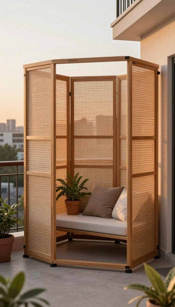 A beautifully arranged outdoor balcony scene featuring a stylish paravent sight protection screen, designed by "KlickKiste." In the foreground, the paravent showcases intricate patterns and a natural wood finish, creating a cozy nook for relaxation. The middle ground includes a small, elegant seating area with potted plants and soft cushions that enhance comfort. In the background, a serene cityscape with warm sunset lighting casts a golden hue, giving an inviting atmosphere. The composition captures a sense of privacy and tranquility ideal for a DIY project, set in an authentic and inspiring Pinterest-style environment. The overall mood is calm and aesthetically pleasing, accentuating the simplicity and creativity of mobile privacy solutions.