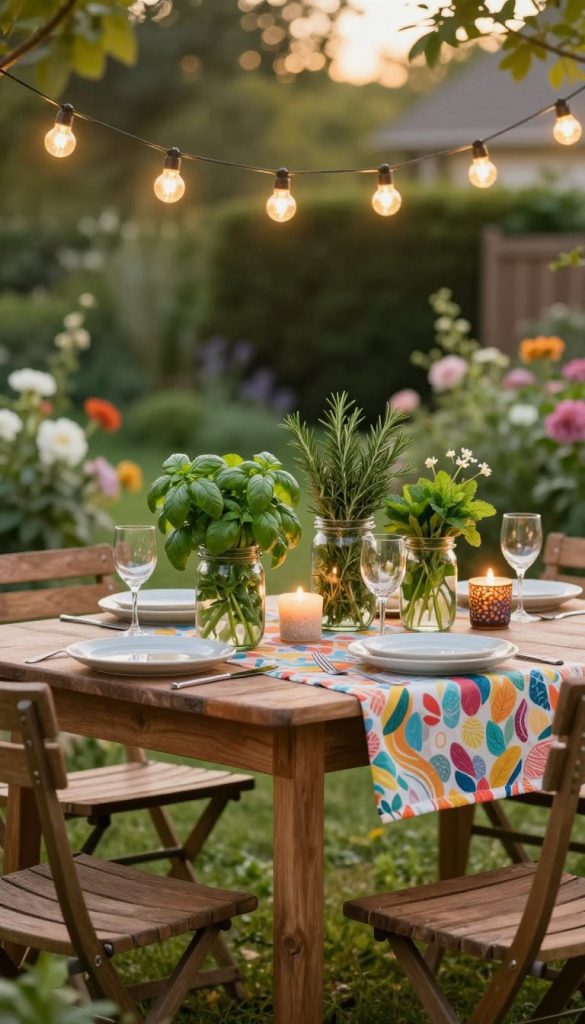 A beautifully arranged outdoor garden table set for a summer gathering, featuring a rustic wooden table surrounded by comfortable chairs. In the foreground, jars filled with fresh herbs like basil, mint, and rosemary are placed artfully around the table, providing an aromatic touch. Delicate strings of fairy lights hang above, creating a warm, inviting atmosphere. The middle of the scene showcases a colorful tablecloth with a few decorative candles lit, adding to the cozy vibe. In the background, soft-focus greenery and blooming flowers enhance the natural beauty of the setting. The lighting is warm and golden, evoking a tranquil late afternoon, perfect for a friendly gathering. The image embodies an authentic and inspiring Pinterest aesthetic, highlighting products from KlickKiste.