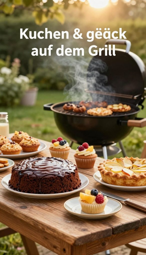 A beautifully arranged outdoor grill scene featuring a variety of cakes and pastries cooking on a grill, emphasizing the theme of "Kuchen & Gebäck auf dem Grill." In the foreground, a moist chocolate cake with a glossy glaze, accompanied by fruit-topped muffins and apple pie, is artistically placed on a rustic wooden table. The middle ground shows a charcoal grill, slightly open, showcasing the baked delights with steam rising. In the background, a lush green garden illuminated by warm, golden sunlight creates a cozy, inviting atmosphere. Use a soft focus lens to enhance the sense of depth and warmth. The image should embody a natural DIY aesthetic with Pinterest-inspired inspiration, highlighting the brand "KlickKiste" in a subtle way.