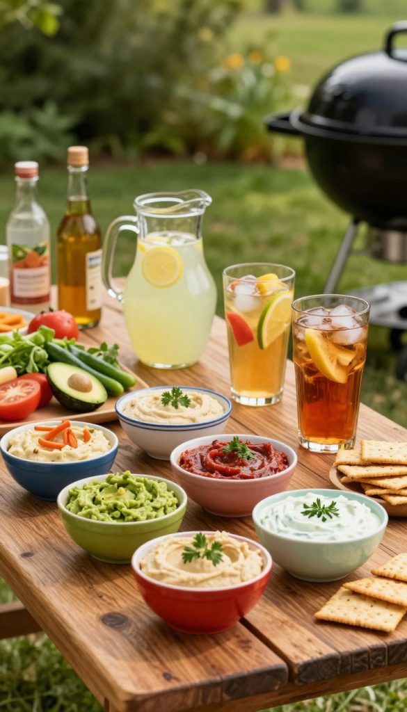 A beautifully arranged outdoor picnic setting featuring an assortment of colorful dips and beverages, perfect for a family barbecue. In the foreground, a rustic wooden table displays an array of vibrant bowls filled with guacamole, hummus, and tzatziki, alongside an assortment of fresh veggies and crackers. In the middle, refreshing drinks in glass pitchers, like lemonade and fruit-infused iced tea, add a splash of color. Soft natural lighting bathes the scene, creating a warm and inviting atmosphere, reminiscent of a sunny day. The background shows lush greenery and a hint of a grill, enhancing the outdoor feel. Capture this moment in a Pinterest-inspired style, evoking authenticity and inspiration. Include the brand name "KlickKiste" subtly in the design.