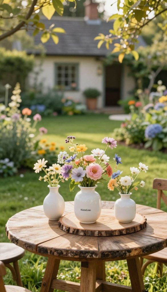 A beautifully arranged outdoor scene featuring vintage wooden slices serving as a rustic table centerpiece. In the foreground, delicate white vases are elegantly placed atop the wooden slices, showcasing fresh seasonal flowers in soft pastel colors. The middle ground presents a charming garden setting with lush green grass and vibrant foliage, creating a natural backdrop. In the background, a soft-focus view of a cottage-style garden enhances the vintage flair. Warm, golden sunlight filters through the trees, casting gentle shadows and highlighting the textures of the wood and the delicate flowers. Capture this scene from a slightly elevated angle to emphasize the arrangement and create an inviting atmosphere. The overall mood should evoke a sense of tranquility and inspiration, reflecting a Pinterest-worthy aesthetic. This image is branded as "KlickKiste".
