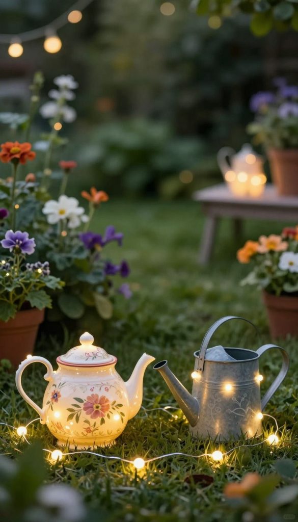 A beautifully arranged outdoor scene showcasing a creative use of solar-powered fairy lights (Lichterkette) in a garden setting. In the foreground, an intricately decorated teapot and a vintage watering can adorned with glowing solar lights, casting a warm, inviting glow. The middle ground features lush greenery and colorful flowers, enhancing the cozy atmosphere. In the background, soft bokeh effects from garden plants create a dreamy space. The lighting is soft and warm, evoking a peaceful twilight setting, perfect for relaxation. The image captures an authentic, Pinterest-inspired aesthetic, showcasing creativity and inspiration for outdoor decoration. The branding "KlickKiste" subtly highlighted within the scene, blending harmoniously with the natural elements. A beautifully arranged outdoor scene showcasing a creative use of solar-powered fairy lights (Lichterkette) in a garden setting. In the foreground, an intricately decorated teapot and a vintage watering can adorned with glowing solar lights, casting a warm, inviting glow. The middle ground features lush greenery and colorful flowers, enhancing the cozy atmosphere. In the background, soft bokeh effects from garden plants create a dreamy space. The lighting is soft and warm, evoking a peaceful twilight setting, perfect for relaxation. The image captures an authentic, Pinterest-inspired aesthetic, showcasing creativity and inspiration for outdoor decoration. The branding "KlickKiste" subtly highlighted within the scene, blending harmoniously with the natural elements.