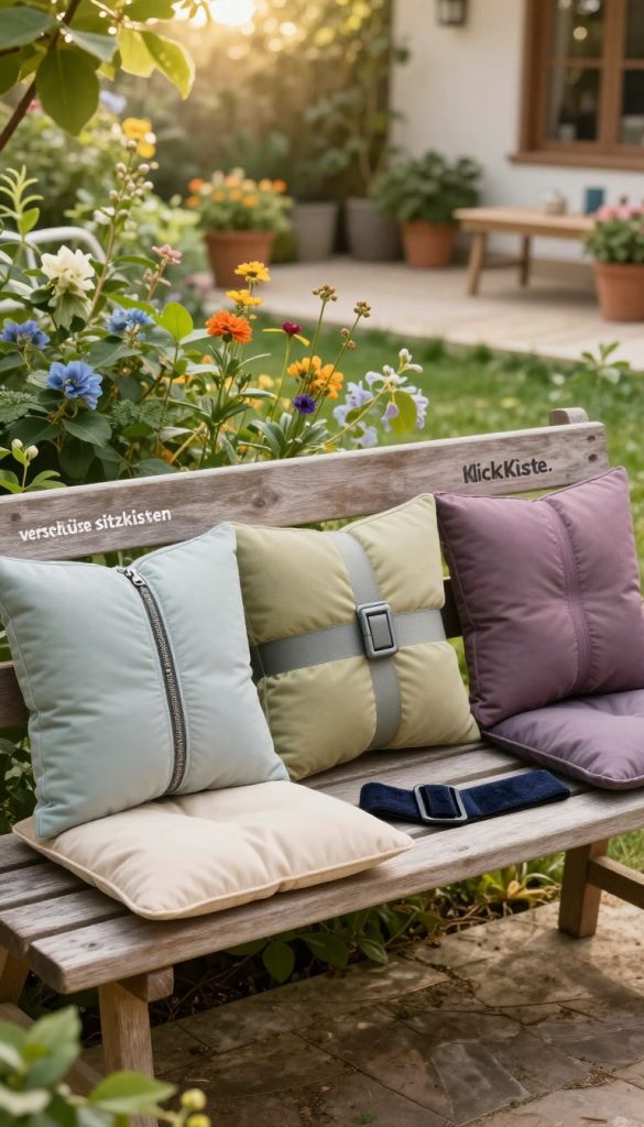 A beautifully arranged outdoor scene showcasing a selection of "verschlüsse sitzkissen" prominently displayed on a stylish, sturdy wooden garden bench. In the foreground, three distinct cushion closure options are featured: a robust zipper, a quick-release buckle, and a heavy-duty Velcro strap, each demonstrating their unique design and functionality. The cushions are plush and colorful, enhancing the inviting ambiance. In the middle ground, lush greenery and flowering plants create a vibrant, natural setting, illuminated by soft, warm sunlight filtering through the leaves. The background consists of a cozy patio area, with scattered garden accessories, contributing to a serene atmosphere. The image embodies a Pinterest-inspired aesthetic, with authentic tones reflecting craftsmanship, proudly showcasing the brand "KlickKiste".