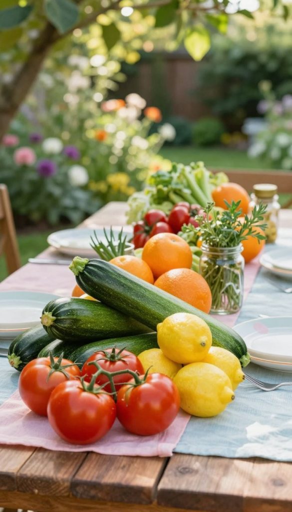 A beautifully arranged outdoor table decorated with an assortment of vibrant summer vegetables and fresh citrus fruits, creating a colorful centerpiece. The foreground features a rustic wooden table topped with bright red tomatoes, deep green zucchinis, and sunny orange lemons, all artfully displayed. In the middle ground, a soft, pastel-colored tablecloth complements the fresh produce, while small glass jars filled with herbs add a touch of elegance. The background showcases a lush garden with blooming flowers and dappled sunlight filtering through green leaves, creating a warm and inviting atmosphere. Captured with a shallow depth of field to emphasize the vibrant colors and textures of the décor, this image reflects a natural, Pinterest-inspired aesthetic. The brand name "KlickKiste" subtly integrated into the scene, enhancing the inviting mood of DIY summer decorations.