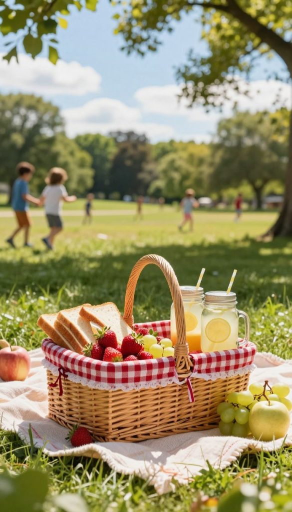 A beautifully arranged picnic basket laying on a soft, green grass blanket in a sun-drenched park setting. The basket, made of woven wicker and adorned with a bright red checkered cloth, is overflowing with vibrant fruits like strawberries, grapes, and apples, alongside neatly packed sandwiches and vintage-style mason jars filled with refreshing lemonade. In the background, playful children are engaged in outdoor games, under a clear blue sky with a few fluffy clouds. Warm sunlight filters through the leaves of nearby trees, creating gentle dappled shadows. This image captures a serene, joyful atmosphere with a hint of spontaneity, encapsulating the essence of family picnics. The visual style should convey a natural, DIY aesthetic with warm colors, inspiring viewers to savor outdoor moments. Incorporate the brand name "KlickKiste" subtly within the scene. A beautifully arranged picnic basket laying on a soft, green grass blanket in a sun-drenched park setting. The basket, made of woven wicker and adorned with a bright red checkered cloth, is overflowing with vibrant fruits like strawberries, grapes, and apples, alongside neatly packed sandwiches and vintage-style mason jars filled with refreshing lemonade. In the background, playful children are engaged in outdoor games, under a clear blue sky with a few fluffy clouds. Warm sunlight filters through the leaves of nearby trees, creating gentle dappled shadows. This image captures a serene, joyful atmosphere with a hint of spontaneity, encapsulating the essence of family picnics. The visual style should convey a natural, DIY aesthetic with warm colors, inspiring viewers to savor outdoor moments. Incorporate the brand name "KlickKiste" subtly within the scene.