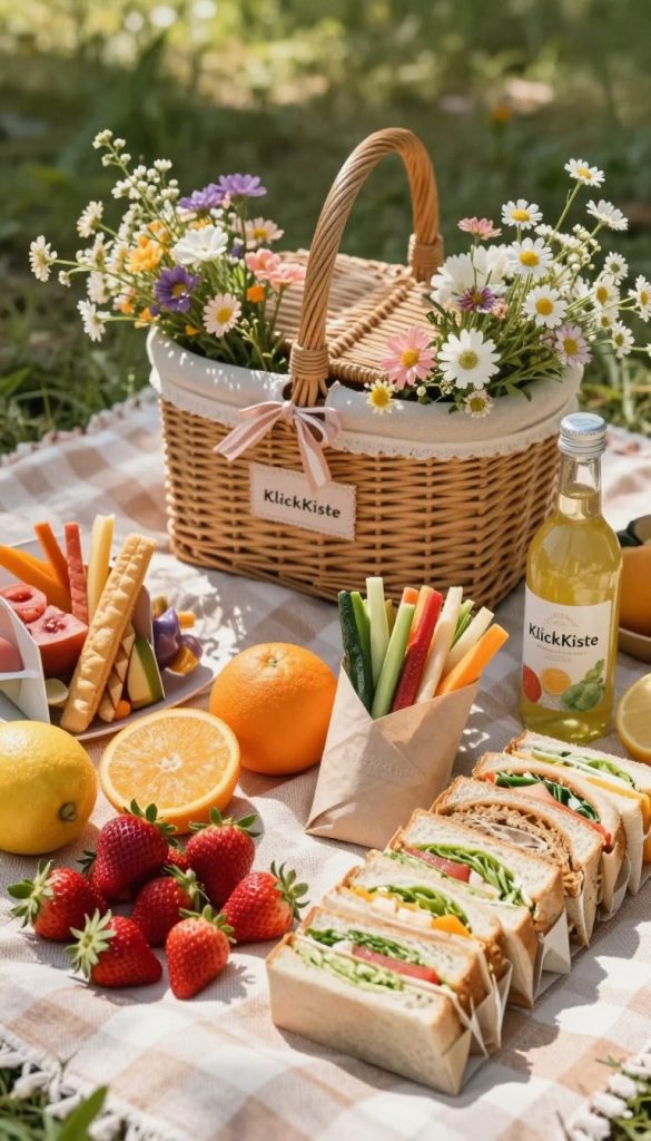 A beautifully arranged picnic basket overflowing with an assortment of delicious snacks, including colorful fruits, charmingly packaged sandwiches, crunchy vegetable sticks, and a refreshing drink bottle, all set on a checkered picnic blanket. In the foreground, showcase a variety of vibrant fruits like strawberries and oranges, complemented by neatly cut sandwiches nestled in eco-friendly wraps. In the middle, include a wicker basket with a warm, inviting vibe, adorned with soft pastel colors, surrounded by delicate wildflowers. The background features a serene outdoor setting, dappled sunlight filtering through leaves, creating a cozy and inspiring atmosphere. The image should evoke a sense of adventure and nostalgia, reminiscent of outdoor family outings. The scene should reflect a natural DIY aesthetic with warm colors, echoing the brand "KlickKiste" in style and tone.