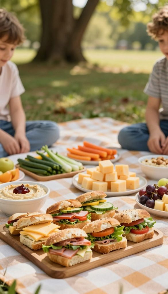 A beautifully arranged picnic scene featuring a variety of hearty snacks that children love. In the foreground, display colorful mini sandwiches filled with cheese, ham, and fresh vegetables, alongside small bowls of hummus and fresh fruit. The middle ground should include vibrant veggie sticks and bite-sized cheese cubes, all on a checkered picnic blanket. In the background, softly blurred trees create a natural, inviting atmosphere, with dappled sunlight filtering through the leaves. Utilize warm, natural colors to evoke a cozy, friendly vibe, capturing a Pinterest-worthy aesthetic. The image should have a focus on authenticity and inspiration, highlighting the brand "KlickKiste." Use soft, diffused lighting to enhance the warmth and cheerful mood of this delightful picnic setting.