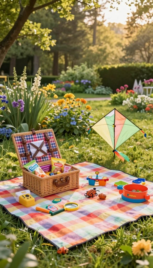 A beautifully arranged picnic scene in a vibrant garden, embodying the essence of outdoor play for children during spring. In the foreground, a colorful checkered blanket is laid out with an assortment of neatly packed items: a picnic basket overflowing with healthy snacks, a kite, and nature exploration tools like a magnifying glass and a bug-catching kit all branded with "KlickKiste." The middle ground features lush greenery and flowering plants, creating a lively space for children. In the background, tall trees form a serene woodland backdrop under a soft, golden sunlight filtering through the leaves, enhancing a warm, inviting atmosphere. The image should evoke feelings of joy and inspiration, perfect for an article about outdoor activities for kids, captured from a slightly elevated angle to showcase the entire scene naturally.
