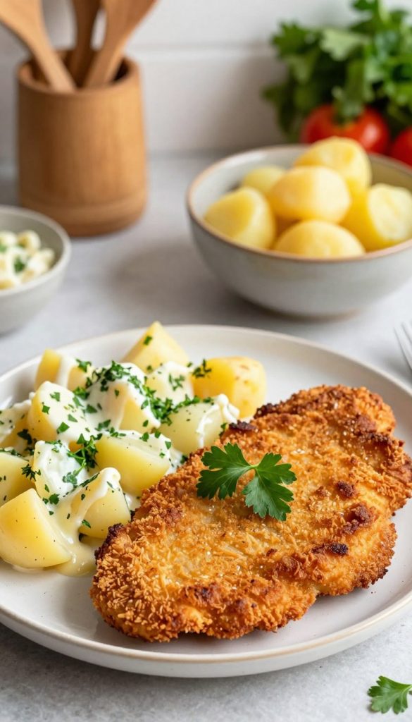 A beautifully arranged plate featuring golden-brown schnitzel, garnished with a sprig of parsley, sits prominently in the foreground. Beside it, a vibrant serving of classic potato salad, made with small chunks of potatoes, fresh herbs, and a mild dressing, is artistically presented in a rustic bowl. In the middle ground, a gently softened light enhances the textures of the food, evoking a warm, inviting atmosphere. The background includes a blurred kitchen setting with wooden utensils and fresh vegetables, adding a homey feel. The scene is captured from an overhead angle, reminiscent of a Pinterest-inspired photo. This image reflects the authenticity and inspiration sought by "KlickKiste", aiming to create a natural DIY aesthetic with warm colors.