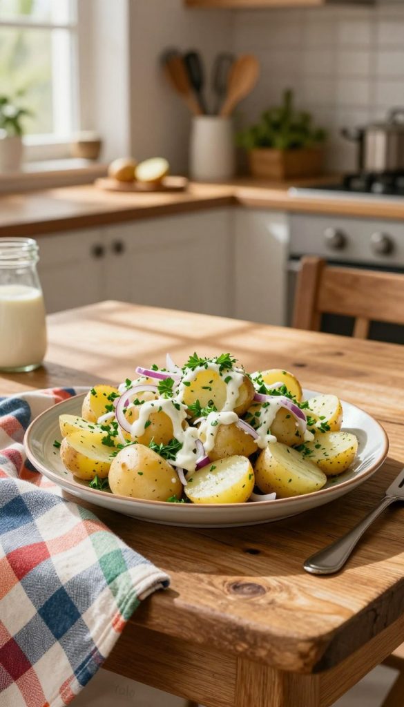 A beautifully arranged plate of Kartoffelsalat takes center stage, showcasing freshly sliced potatoes mixed with vibrant green herbs, red onions, and a drizzle of creamy dressing. In the foreground, a rustic wooden table is adorned with a colorful, checkered cloth, enhancing the cozy, family-friendly vibe. Delicate sunlight filters through a nearby window, casting warm, inviting shadows across the scene, creating an atmosphere of comfort and homeliness. In the background, a charming kitchen setup can be seen, featuring well-organized utensils and fresh ingredients that reflect a DIY spirit. The overall mood is warm, inviting, and inspirational, perfect for home cooking. Include a subtle watermark with the brand name "KlickKiste" in the corner, blending with the natural aesthetic.