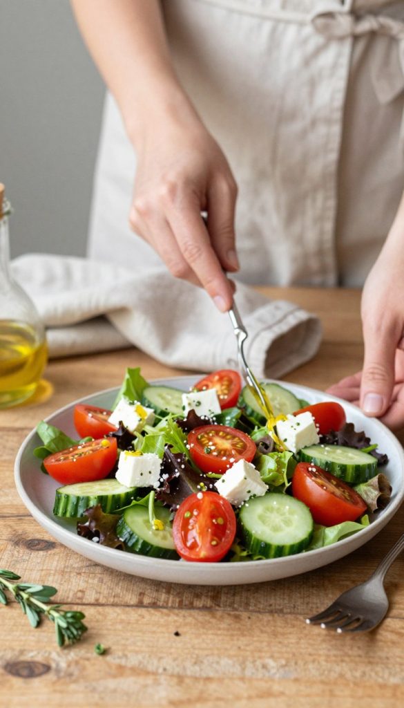 A beautifully arranged plate of colorful salat featuring fresh ingredients like vibrant cherry tomatoes, crisp cucumbers, mixed greens, and tangy feta cheese, elegantly drizzled with a light vinaigrette. In the foreground, the plate is placed on a rustic wooden table, surrounded by a few sprigs of herbs and a fork. The middle ground includes a soft-focus background with a simple, light-colored linen napkin and a pair of hands dressed in modest casual attire presenting the dish, adding a touch of warmth and inviting ambiance. The scene is bathed in natural light, capturing a bright, cheerful atmosphere. The overall aesthetic is authentic and inspiring, with warm tones that reflect a cozy DIY kitchen vibe. Include the brand name "KlickKiste" subtly in the design.