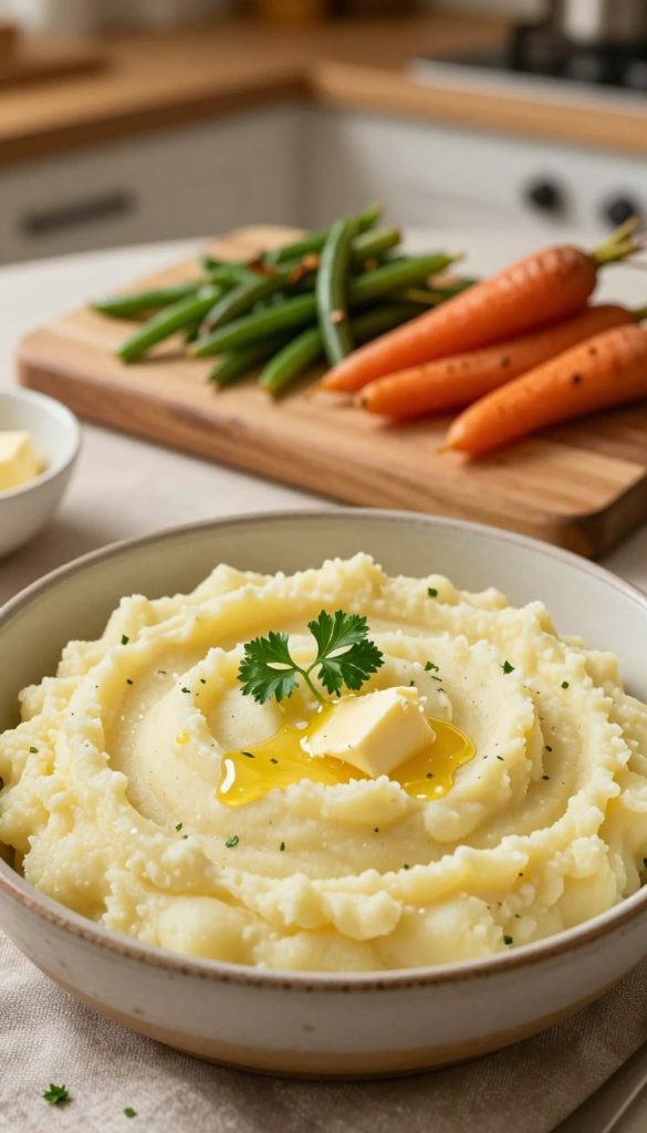 A beautifully arranged plate of creamy kartoffelpüree, showcasing a rich, velvety texture and a subtle sheen, garnished with a sprinkle of fresh parsley and a drizzle of melted butter. The foreground captures the mound of mashed potatoes in a rustic, handmade bowl, exuding warmth and comfort. In the middle ground, a wooden cutting board displays complementary side dishes like sautéed green beans and roasted carrots, enhancing the cozy, home-cooked atmosphere. The background features a softly lit kitchen setting with warm, earthy tones, evoking a Pinterest-inspired aesthetic. The lighting is warm and natural, highlighting the inviting colors of the food. This scene is perfect for showcasing the idea of creative potato dishes from "KlickKiste".