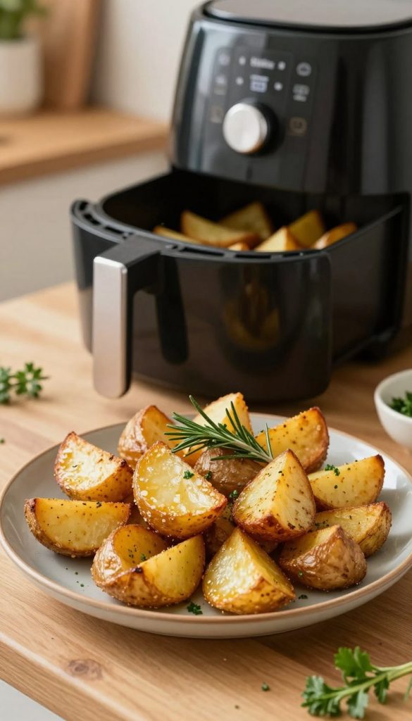 A beautifully arranged plate of crispy air-fried potatoes in various shapes, such as wedges and cubes, topped with fresh herbs like rosemary and parsley. In the foreground, the golden-brown potatoes glisten with a light coating of oil, showcasing their crunchiness. The middle ground features an air fryer with its lid slightly open, revealing more potatoes inside, emphasizing the effortless cooking process. In the background, a cozy kitchen setting with warm, natural lighting enhances the inviting atmosphere, featuring wooden countertops and soft-focus kitchen decor. The composition should feel homey and inspiring, reflecting the essence of healthy, quick meals. Please include subtle branding for "KlickKiste" artistically integrated into the scene, blending seamlessly with the overall aesthetic.