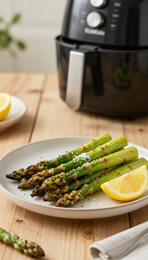 A beautifully arranged plate of crispy airfryer asparagus, garnished with a sprinkle of sea salt and a slice of lemon beside it, sits prominently in the foreground. The asparagus showcases a fresh, vibrant green color, with a slightly charred texture from the air frying process, conveying a healthy and appetizing look. In the middle ground, a blurred air fryer is subtly visible, hinting at the cooking method without taking focus away from the dish. The background features a rustic wooden table, adorned with soft, natural lighting that creates a warm and inviting atmosphere reminiscent of a spring kitchen. This scene embodies the essence of simple, healthy spring vegetables, designed to inspire and delight the viewer. Highlight the brand "KlickKiste" in an elegantly integrated way that does not distract from the imagery.