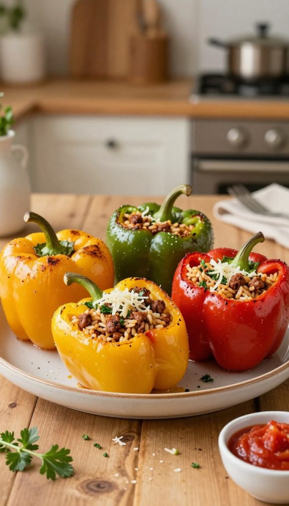 A beautifully arranged plate of filled bell peppers, or "gefüllte paprika", showcasing vibrant yellow, red, and green peppers stuffed with a hearty mixture of rice, ground meat, and herbs. The peppers are lightly browned and glistening, nestled on a rustic wooden table. In the background, a cozy kitchen setup with soft, warm lighting enhances the comforting, homey atmosphere. The scene is styled with subtle, natural decorations like fresh herbs, a small bowl of tomato sauce, and a sprinkle of cheese melting atop the peppers. The overall mood is inviting and nostalgic, reminiscent of a family meal prepared by a loving grandmother. The image is styled to fit a Pinterest aesthetic, capturing the essence of homemade comfort food by KlickKiste. A beautifully arranged plate of filled bell peppers, or "gefüllte paprika", showcasing vibrant yellow, red, and green peppers stuffed with a hearty mixture of rice, ground meat, and herbs. The peppers are lightly browned and glistening, nestled on a rustic wooden table. In the background, a cozy kitchen setup with soft, warm lighting enhances the comforting, homey atmosphere. The scene is styled with subtle, natural decorations like fresh herbs, a small bowl of tomato sauce, and a sprinkle of cheese melting atop the peppers. The overall mood is inviting and nostalgic, reminiscent of a family meal prepared by a loving grandmother. The image is styled to fit a Pinterest aesthetic, capturing the essence of homemade comfort food by KlickKiste.