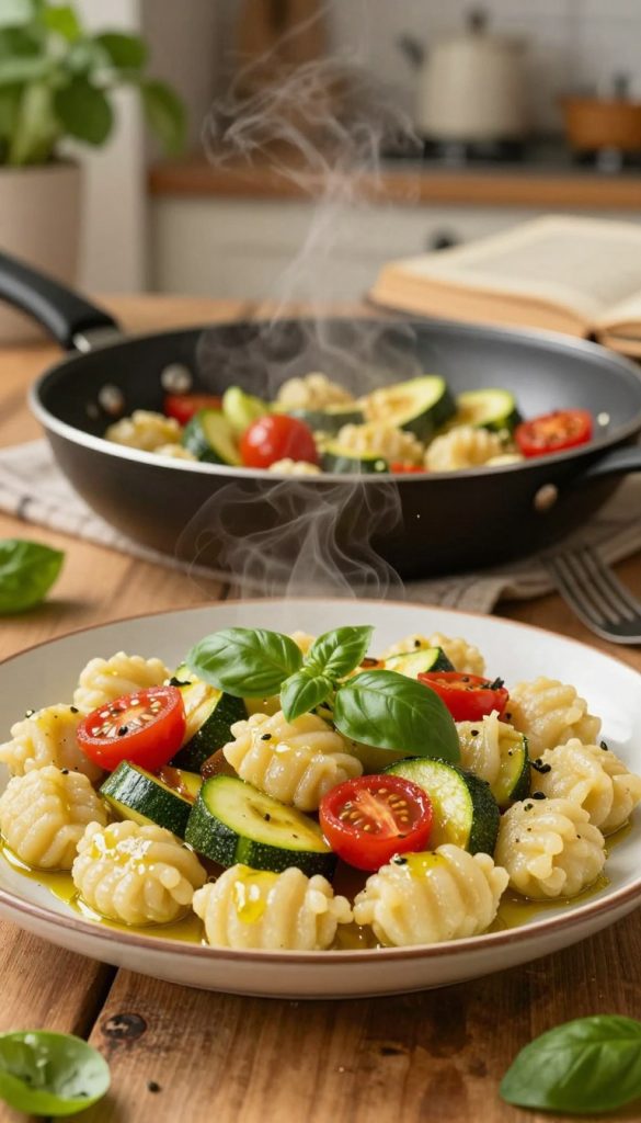 A beautifully arranged plate of gnocchi sautéed with zucchini, vibrant red cherry tomatoes, and fresh basil leaves, set on a rustic wooden table. The foreground includes a close-up of the gnocchi glistening with olive oil, showcasing their fluffy texture. In the middle, a frying pan rests, partially filled with the delicious mixture, steam gently rising in a warm, inviting kitchen atmosphere. In the background, a cozy kitchen scene with soft, warm lighting, hints of greenery from potted herbs, and a vintage cookbook open, adding to the homey feel. The overall mood is casual yet sophisticated, perfect for a quick family dinner. Incorporate a subtle branding element representing "KlickKiste" in the design.