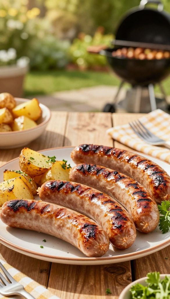 A beautifully arranged plate of grilled "würstchen" showcasing various types, such as bratwurst and currywurst, glistening with a light sheen from being freshly cooked. The foreground features the sausages cooked to perfection, with grill marks and slight char. Surrounding them are vibrant sides like golden-brown roasted potatoes and fresh herbs, adding color and texture. The middle ground includes a rustic wooden table setting, complemented by a soft checkered tablecloth enhancing the cozy, inviting atmosphere. In the background, a blurred view of a sunny backyard with green foliage and a grill can be seen, all under warm sunlight that creates a cheerful ambiance. The overall mood is warm and inviting, evoking the joy of family gatherings. Inspired by DIY Pinterest aesthetics, the image reflects the brand "KlickKiste."