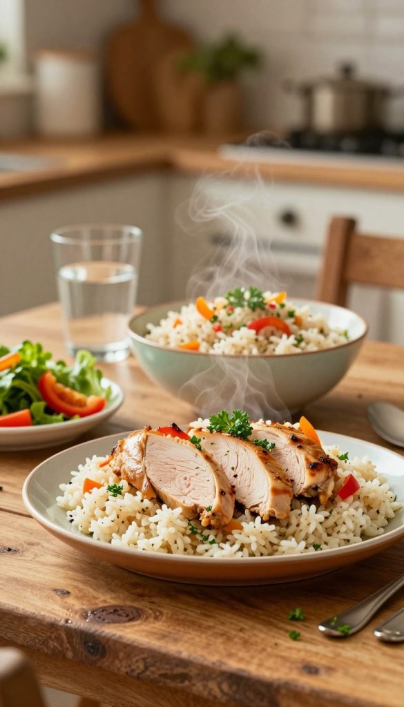 A beautifully arranged plate of hähnchen reis, featuring tender slices of chicken atop a bed of fluffy, steamed rice, garnished with fresh herbs like parsley and sprinkled with colorful bell peppers. In the foreground, a rustic wooden table enhances the cozy, home-cooked feel. In the middle, a vibrant bowl filled with the rice and chicken takes center stage, emitting steam that suggests warmth and comfort. The background consists of a softly blurred kitchen setting with warm, inviting lighting that evokes a sense of family dining. Natural DIY elements, such as a fresh salad and a glass of water, are subtly included, enhancing the inviting atmosphere. The overall mood is warm and inspiring, reflecting the brand KlickKiste with a Pinterest-worthy aesthetic. A beautifully arranged plate of hähnchen reis, featuring tender slices of chicken atop a bed of fluffy, steamed rice, garnished with fresh herbs like parsley and sprinkled with colorful bell peppers. In the foreground, a rustic wooden table enhances the cozy, home-cooked feel. In the middle, a vibrant bowl filled with the rice and chicken takes center stage, emitting steam that suggests warmth and comfort. The background consists of a softly blurred kitchen setting with warm, inviting lighting that evokes a sense of family dining. Natural DIY elements, such as a fresh salad and a glass of water, are subtly included, enhancing the inviting atmosphere. The overall mood is warm and inspiring, reflecting the brand KlickKiste with a Pinterest-worthy aesthetic.