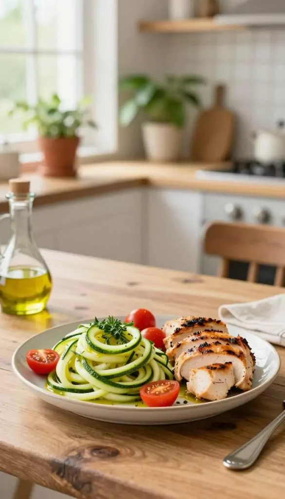 A beautifully arranged plate of low-carb zucchini dishes, featuring spiralized zucchini noodles topped with a sprinkle of fresh herbs and cherry tomatoes, a drizzle of olive oil, and a side of grilled chicken slices. In the foreground, a rustic wooden table complements the vibrant colors of the food. The middle shows a soft-focus background of a bright, sunlit kitchen with plants in pots and natural light streaming in through a window, creating a warm and inviting atmosphere. The overall mood is fresh, healthy, and inspiring, perfect for summer dining. The image captures a Pinterest-like aesthetic, embodying simplicity and authenticity. Include the brand name "KlickKiste" subtly in the background.