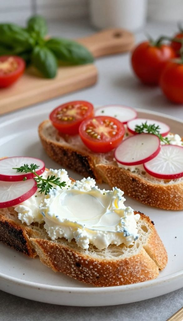 A beautifully arranged plate of open-faced sandwiches featuring creamy, spreadable Frischkäse as the central focus. In the foreground, the vivid texture of the Frischkäse is showcased, glistening under soft, natural light. Surrounding it, colorful toppings like sliced radishes, cherry tomatoes, and fresh herbs add vibrancy, creating a visually appealing contrast. The middle ground displays the artisanal bread, lightly toasted, with a golden-brown crust, invitingly placed beneath the toppings. The background features soft, blurred kitchen elements, like wooden cutting boards and fresh vegetables, enhancing the homemade aesthetic. The overall mood is warm and inviting, capturing the spirit of healthy, creative meal prep. The scene is styled in a natural DIY manner, embodying a Pinterest-worthy look, with the brand name "KlickKiste" subtly incorporated into the setting.