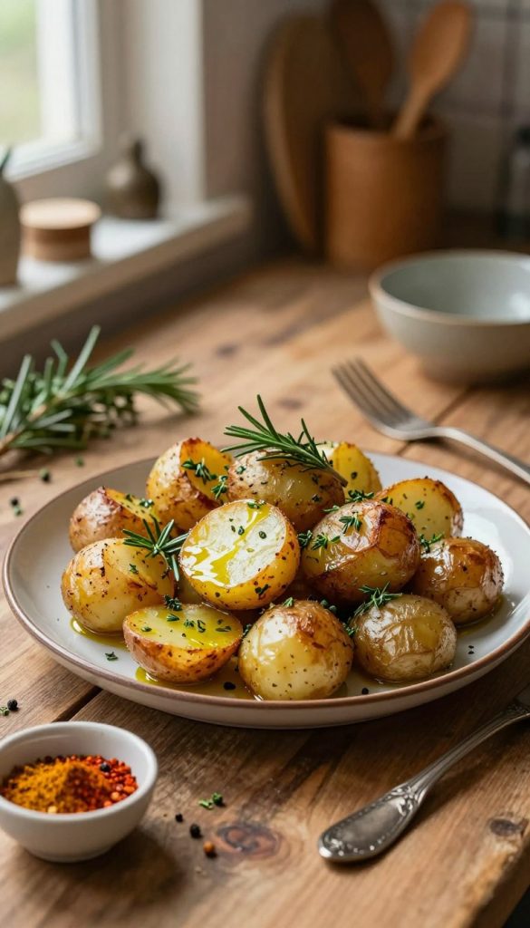 A beautifully arranged plate of spiced potatoes, glistening with olive oil and sprinkled with vibrant herbs like rosemary and thyme. In the foreground, the potatoes are golden-brown and have a crispy texture, accompanied by a small bowl of colorful spices, such as paprika, turmeric, and black pepper. The middle ground features a rustic wooden table, with scattered herbs and a vintage fork casually placed beside the plate. In the background, soft-focus kitchen utensils and a warm, inviting kitchen ambience enhance the scene. Natural lighting filters through a nearby window, casting a gentle glow that creates an inspiring and cozy atmosphere. All elements reflect the essence of effortless cooking. Designed for "KlickKiste."