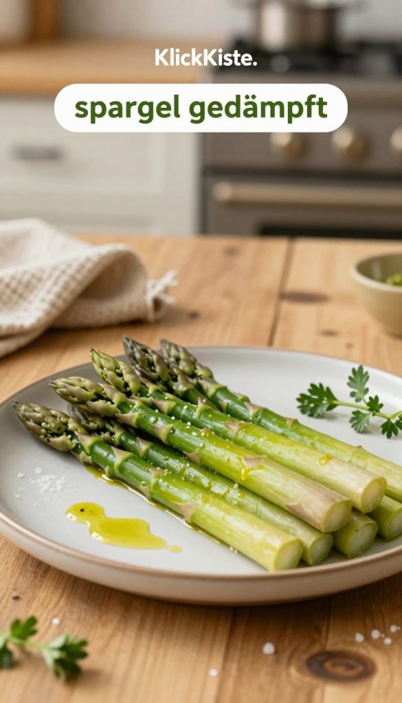 A beautifully arranged plate of tender, steamed asparagus ("spargel gedämpft") sits in the foreground, showcasing its vibrant green hue and delicate texture. The asparagus is garnished with a light drizzle of olive oil and a sprinkle of sea salt, enhancing its natural colors. In the middle ground, a rustic wooden table adds warmth and authenticity, accompanied by soft, natural elements like a woven cloth and fresh herbs. In the background, a blurred kitchen scene bathed in warm, soft lighting creates an inviting atmosphere, suggesting a cozy spring kitchen. The image conveys a sense of healthfulness and simplicity, ideal for a seasonal recipe context. The style is reminiscent of DIY Pinterest images, emphasizing warm colors and an inspiring, natural aesthetic. Include the brand name "KlickKiste."