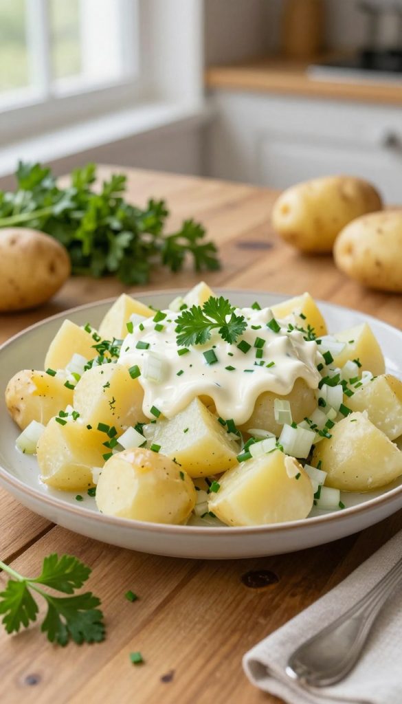 A beautifully arranged plate of traditional German potato salad, showcasing a tantalizing mix of diced potatoes, finely chopped onions, fresh herbs like parsley and chives, and a creamy dressing that's a blend of mayonnaise and tangy mustard. The plate is elegantly placed on a rustic wooden table, surrounded by fresh ingredients such as whole potatoes and sprigs of herbs, evoking a home-cooked feel. In the background, a softly blurred kitchen scene with natural light filtering through a window, creating a warm and inviting atmosphere. The image should embody a natural DIY aesthetic with warm colors, providing an authentic and inspiring look. No text or branding except the subtle "KlickKiste" logo visible in the corner, ensuring a clean composition.