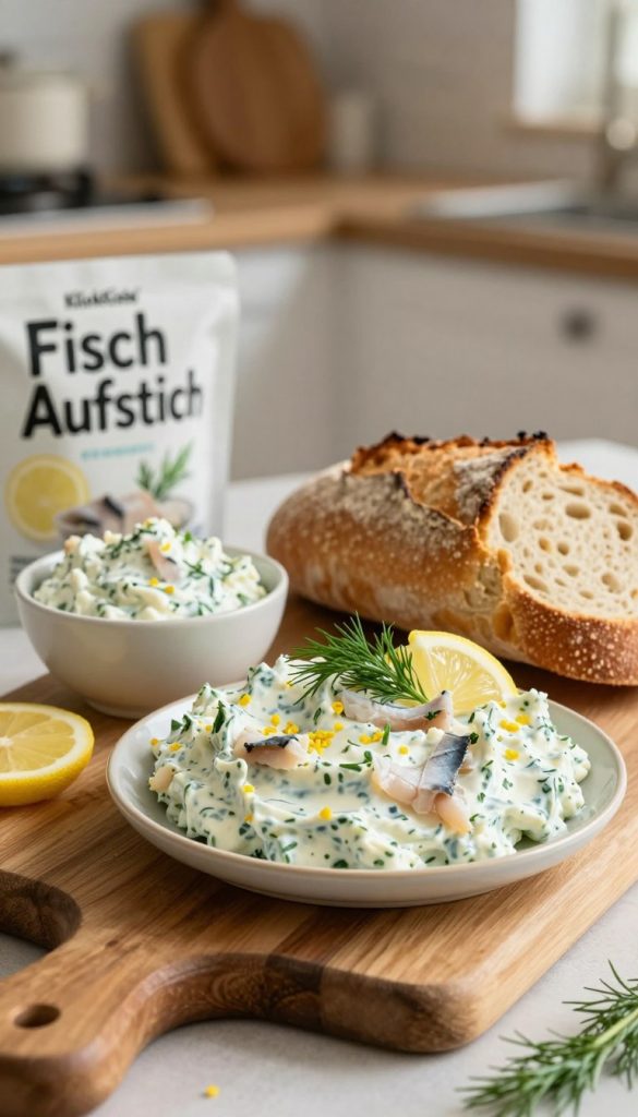 A beautifully arranged plate of vibrant, homemade "Fisch Aufstrich" spread, showcasing a creamy texture with flecks of fresh herbs, lemon zest, and delicate fish fillets. The foreground features a rustic wooden cutting board with a small bowl of the spread, garnished with dill and lemon slices. In the middle, there's a sliced artisan bread, its crusty golden exterior invitingly presented next to the spread. The background features a soft-focus kitchen setting with warm, natural lighting, highlighting the inviting feel of a cozy home environment. A touch of casual elegance permeates the atmosphere, making it feel authentic and inspiring, perfect for DIY enthusiasts. The brand "KlickKiste" subtly incorporated within the scene adds a touch of identity.
