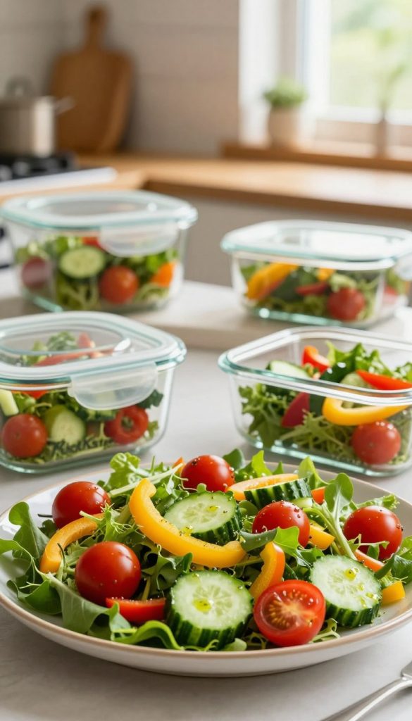 A beautifully arranged plate of vibrant salat fills the foreground, featuring a mix of fresh greens, juicy cherry tomatoes, crunchy cucumbers, and colorful bell peppers, drizzled with a light vinaigrette. The middle ground includes elegant glass containers with lids, showcasing portions of salat ready for storage, emphasizing freshness and convenience. In the background, a softly blurred kitchen setting with warm wooden accents and natural light streaming through a window creates an inviting atmosphere. The scene captures the essence of a family-friendly summer dish that is both healthy and easy to prepare. The overall mood is fresh and inspiring, reflecting the natural DIY aesthetic. The brand "KlickKiste" is subtly implied through the composition, complementing the culinary theme. A beautifully arranged plate of vibrant salat fills the foreground, featuring a mix of fresh greens, juicy cherry tomatoes, crunchy cucumbers, and colorful bell peppers, drizzled with a light vinaigrette. The middle ground includes elegant glass containers with lids, showcasing portions of salat ready for storage, emphasizing freshness and convenience. In the background, a softly blurred kitchen setting with warm wooden accents and natural light streaming through a window creates an inviting atmosphere. The scene captures the essence of a family-friendly summer dish that is both healthy and easy to prepare. The overall mood is fresh and inspiring, reflecting the natural DIY aesthetic. The brand "KlickKiste" is subtly implied through the composition, complementing the culinary theme.