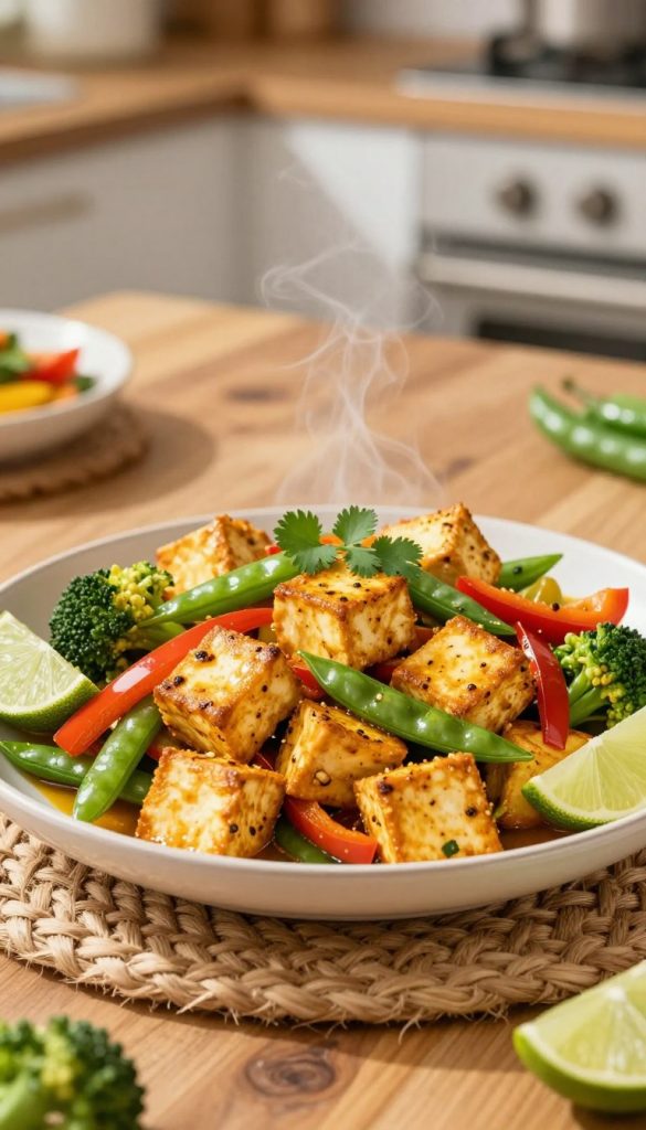 A beautifully arranged plate of vibrant tofu stir-fry, showcasing golden, crispy tofu cubes nestled among a colorful medley of fresh vegetables like bell peppers, broccoli, and snap peas. The dish is infused with aromatic curry spices, with hints of steam rising gracefully. In the foreground, the tofu is garnished with fresh cilantro and lime wedges, exuding a mouthwatering appeal. The middle ground features a rustic wooden table setting, with a woven placemat enhancing the earthy tones. Bright natural lighting illuminates the scene, casting soft shadows and creating a warm, inviting atmosphere. In the background, a blurred kitchen setting hints at the home-cooked nature of the meal. A Pinterest-inspired aesthetic, evoking comfort and inspiration, labeled with the brand name "KlickKiste".