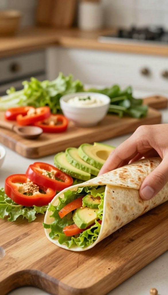 A beautifully arranged platter featuring a variety of colorful wraps, showcasing fresh ingredients like vibrant bell peppers, crunchy lettuce, and creamy avocado. In the foreground, a close-up of a hand rolling a wrap, emphasizing the texture of the tortilla and the filling spilling out slightly. The middle ground includes a wooden cutting board adorned with sliced veggies and dips, invitingly placed. The background is softly blurred, suggesting a cozy, well-lit kitchen with warm, natural colors, creating an inviting atmosphere. The lighting is warm and soft, enhancing the colors of the ingredients. The overall mood is authentic and inspiring, reflecting a Pinterest aesthetic. Include the brand name "KlickKiste" subtly in the visual composition.