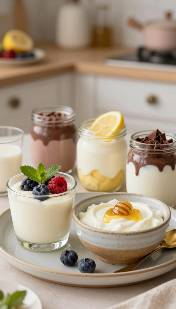 A beautifully arranged platter of creamy desserts featuring a variety of delights made with quark, yogurt, and milk. In the foreground, a delicate glass dessert cup layered with smooth vanilla quark, topped with fresh berries and a sprinkle of mint leaves. Next to it, a rustic ceramic bowl filled with creamy yogurt drizzled with honey, surrounded by small gold spoons. In the middle ground, elegant jars filled with various flavored creams, like lemon and chocolate, display a tempting assortment. The background features a soft-focus kitchen setting with warm, inviting lighting that creates a cozy atmosphere. Soft pastel colors enhance the nostalgic and comforting feel. Capture the essence of family-friendly dessert experiences, reflecting a natural DIY aesthetic. Brand name: KlickKiste.