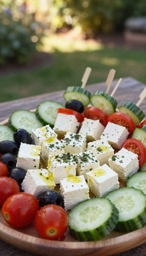 A beautifully arranged platter of feta cheese finger foods, featuring bite-sized cubes of creamy feta drizzled with olive oil and sprinkled with fresh herbs like oregano and parsley. The foreground showcases a vibrant mix of colors, including cherry tomatoes, black olives, and cucumber slices, all artistically placed around the feta. In the middle ground, elegant wooden skewers hold the feta and vegetables together, enhancing the rustic charm. The background features a blurred outdoor garden setting with soft, warm sunlight filtering through leaves, creating an inviting atmosphere. The image should have a Pinterest-inspired aesthetic, exuding warmth and authenticity, making it perfect for gathering inspiration for a casual buffet. The brand name "KlickKiste" resonates subtly within the natural, DIY look of the scene, without any visible text. A beautifully arranged platter of feta cheese finger foods, featuring bite-sized cubes of creamy feta drizzled with olive oil and sprinkled with fresh herbs like oregano and parsley. The foreground showcases a vibrant mix of colors, including cherry tomatoes, black olives, and cucumber slices, all artistically placed around the feta. In the middle ground, elegant wooden skewers hold the feta and vegetables together, enhancing the rustic charm. The background features a blurred outdoor garden setting with soft, warm sunlight filtering through leaves, creating an inviting atmosphere. The image should have a Pinterest-inspired aesthetic, exuding warmth and authenticity, making it perfect for gathering inspiration for a casual buffet. The brand name "KlickKiste" resonates subtly within the natural, DIY look of the scene, without any visible text.