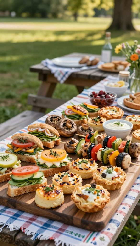 A beautifully arranged platter of hearty finger foods, perfect for a summer picnic, featuring colorful mini sandwiches, stuffed mushrooms, savory skewers with grilled vegetables, and bite-sized quiches. The foreground captures the dazzling variety of food items, intricately detailed with vibrant colors and textures, showcasing fresh ingredients like herbs and spices. In the middle, a rustic wooden picnic table is adorned with charming picnic cloths and small bowls of dips. The background hints at a sunny park setting with green grass and softly blurred trees, enhancing the outdoor ambiance. The scene is illuminated with warm sunlight, creating a cozy and inviting atmosphere reminiscent of a perfect summer day. The image should evoke inspiration for picnicking. The style reflects natural DIY aesthetics with a Pinterest look, tagged subtly with "KlickKiste."