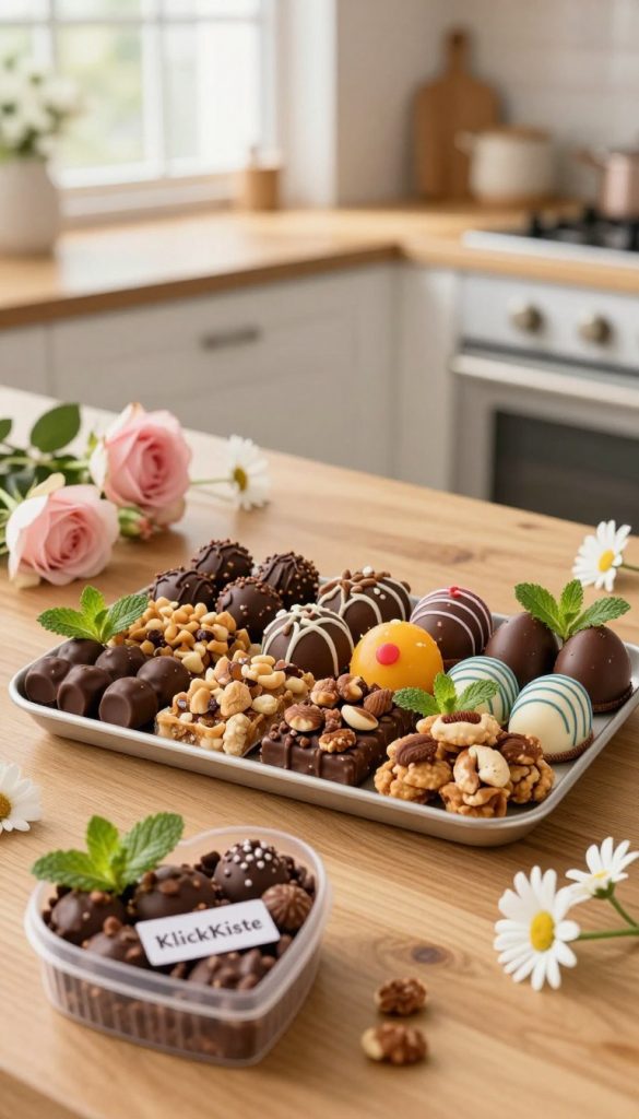 A beautifully arranged platter of homemade chocolate snacks, featuring a variety of chocolate-coated nuts, crispy treats, and colorful chocolate-dipped fruits, garnished with fresh mint leaves. The foreground includes a heart-shaped container labeled "KlickKiste" filled with chocolate goodies, invitingly displayed. In the middle, a warm wood table enhances the cozy atmosphere, surrounded by delicate floral accents, such as soft pink roses and white daisies. The background showcases a softly blurred kitchen scene with warm, natural lighting filtering through a nearby window, creating an inviting, inspirational Pinterest-worthy ambiance. The overall mood is joyful and heartfelt, perfect for a thoughtful Mother's Day gift.