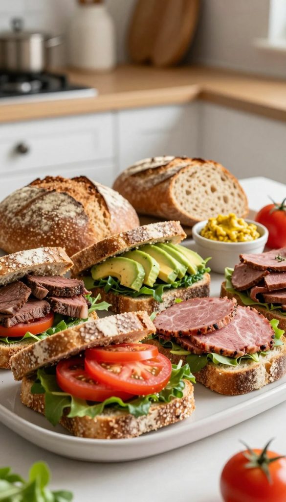 A beautifully arranged platter of protein-rich sandwiches featuring a variety of meats like juicy steak and savory pastrami, garnished with fresh greens and bright red tomatoes. The foreground showcases the vibrant sandwiches sliced in half, revealing their delicious fillings. In the middle, include an assortment of artisan breads, such as whole grain and sourdough, complemented by colorful accompaniments like avocado and mustard. In the background, create a warm, inviting kitchen setting with soft, natural lighting that highlights the textures of the ingredients. The mood should evoke a sense of inspiration and comfort, perfect for meal prep ideas. Emphasize a natural DIY aesthetic with warm colors, sharing a Pinterest-worthy look. The brand "KlickKiste" is subtly incorporated into the scene, enhancing the authenticity.