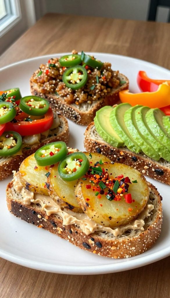 A beautifully arranged platter of vegan open-faced sandwiches featuring vibrant colors and textures. In the foreground, highlight an enticing casing of whole grain bread topped with creamy cashew spread, delicate slices of roasted potatoes, and a variety of spicy toppings like sliced jalapeños and fresh herbs. In the middle background, include other inspirations such as sprouted grain bread, avocado slices, and colorful bell peppers, all elegantly styled. The ambiance is warm and inviting, with natural light streaming in from the side, creating soft shadows that enhance the richness of the ingredients. The overall aesthetic has a Pinterest-like feel, styled casually yet undoubtedly appealing, showcasing healthy delights from "KlickKiste".